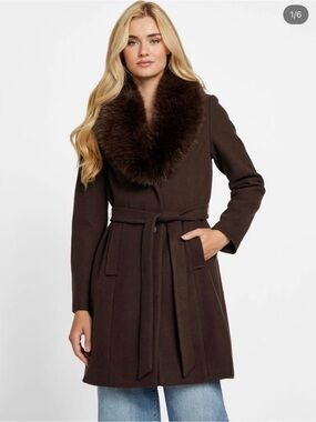 Guess Brown Faux Fur Collar Wool-Blend Belted Coat